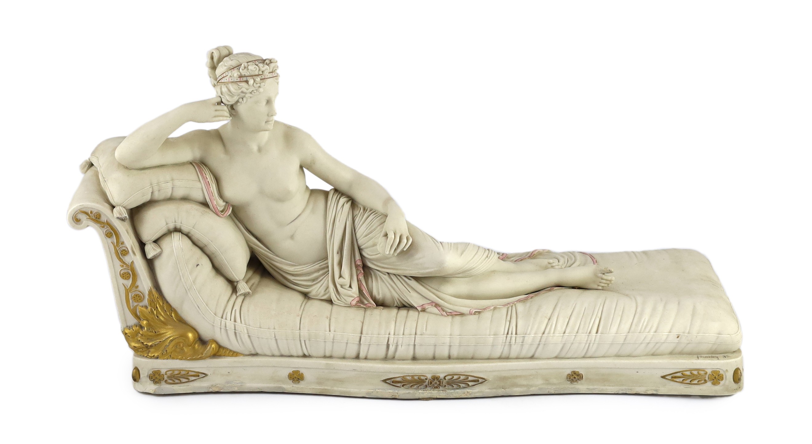 A Royal Worcester parian figure, after Antonio Canova, of Pauline Borghese as Venus Victorious, modelled by James Hadley, c.1866, 59.5cm long, some restoration to edge of base